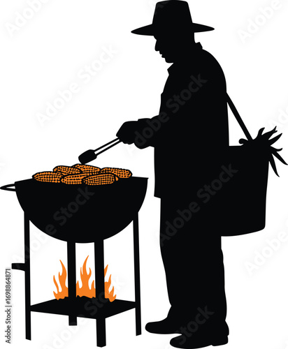 Silhouette of street vendor grilling corn on open flame using tongs, outdoor food scene with basket and fire vector.