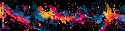 Ultra-wide background pattern featuring an abstract symbiotic interplay of vibrant and energetic splatter elements against a deep black backdrop, creating a visually dynamic and contemporary design.