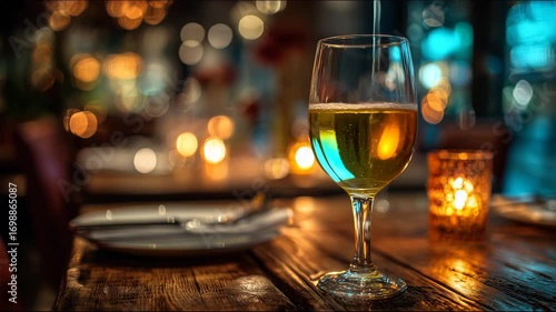 White wine is gently poured into a clear glass, filling it one-third full with blurred restaurant on background. Elegant close-up shot with smooth liquid motion.
