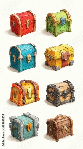 Colorful treasure chests showcasing a variety of designs and styles for fantasy adventures and games