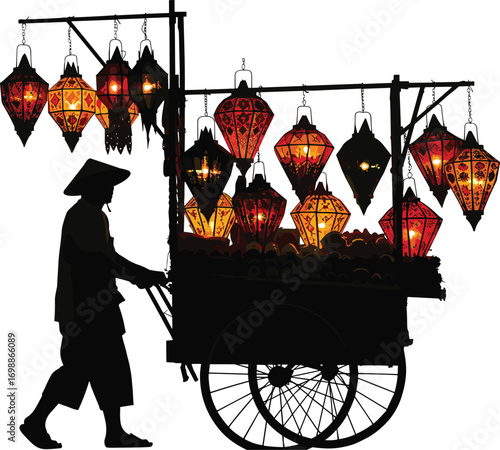 Silhouette of traditional street vendor pushing cart filled with colorful hanging lanterns at night in Asian cultural market scene.
