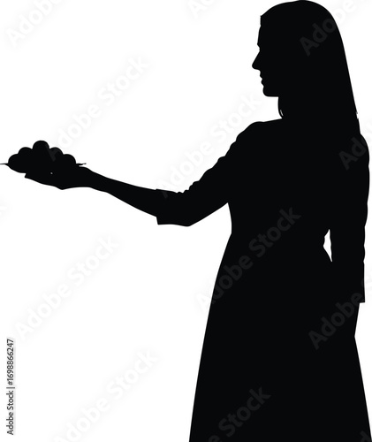 Silhouette of traditional woman holding offering plate with sweets or diyas, perfect for Indian festivals, rituals, worship, or celebration.