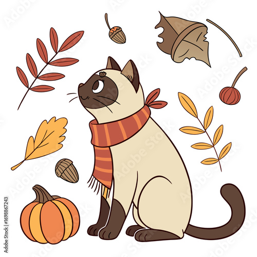 Cute Loving Siamese, accessorized with with a scarf, in a Autumn world – Autumn Leaves palette vector