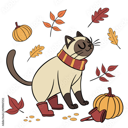 Cute Loving Siamese, accessorized with with a scarf, in a Autumn world – Autumn Leaves palette vector