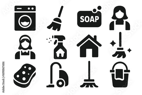 Icons depicting various cleaning activities and supplies in a household setting for efficient domestic chores