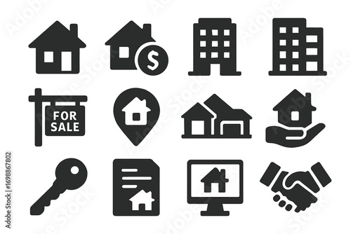 Icons representing real estate concepts with homes, buildings, and sales activities displayed in a grid format
