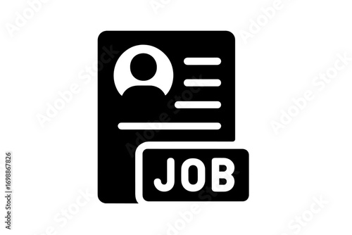 Black and white graphic showing a resume with a job label, symbolizing job application and career opportunities