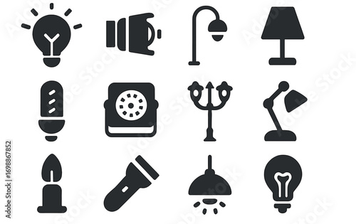 Collection of different types of lighting fixtures and sound equipment arranged in a grid format showing various designs and uses