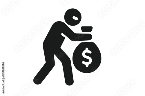 Silhouette of a person stealing money while walking in a hurry, symbolizing crime and theft in an urban environment
