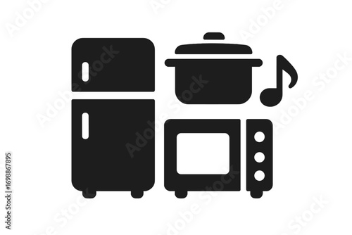 Kitchen appliances arranged artfully with musical note, showcasing modern home life and culinary convenience