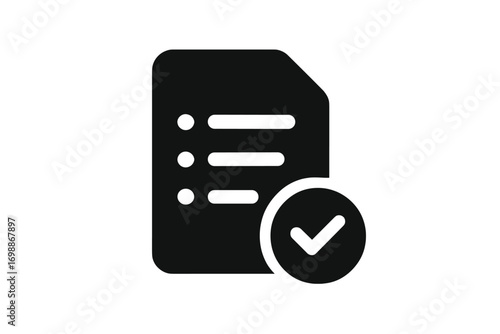 Document checklist indicating approval with a checkmark symbol on a black background during a review process