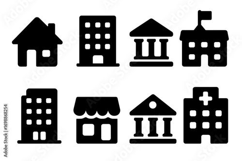 Various building icons representing homes, offices, schools, and hospitals in a flat design style