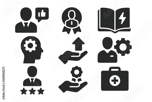 Icons representing business development, training, and customer service in a modern work environment