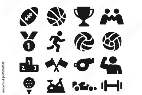 Sports icons collection featuring various activities, awards, and equipment in a simple black and white style