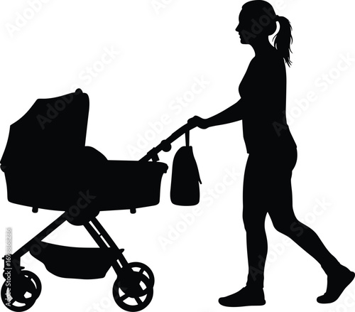 Silhouette of woman pushing baby stroller, mother walking outdoors, parenting care, family bonding, child care, healthy lifestyle, motherhood moment.