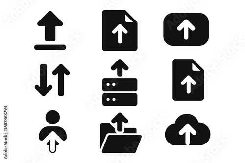 Collection of black upload icons representing various data transfer actions and types commonly used in digital interfaces