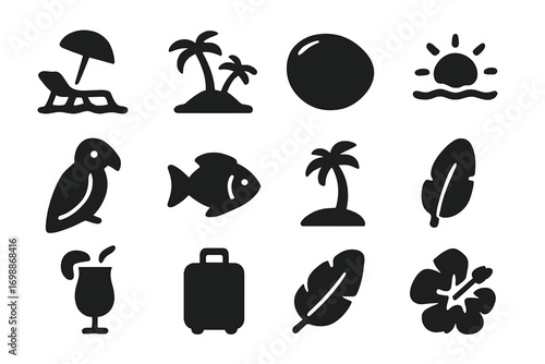 Tropical beach elements with palm trees, ocean sunset, and vacation symbols creating a summer vibe