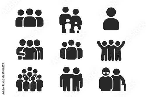 Diverse group representations of individuals, families, and communities in various social interactions and settings