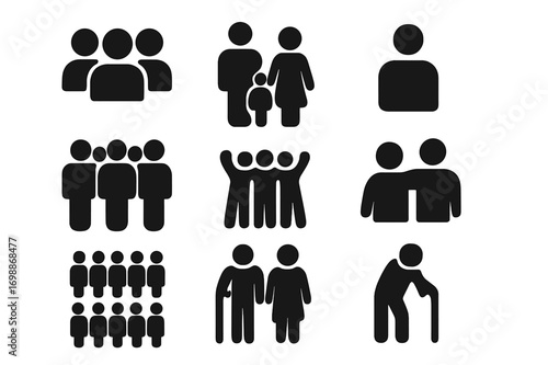 Collection of diverse human figures representing various social interactions and age groups in a simple graphic design