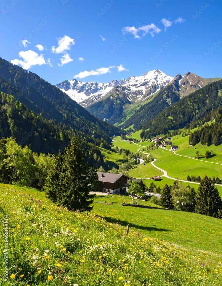 Obraz premium Alpine valley landscape with snow-capped mountains. Bright sunny day