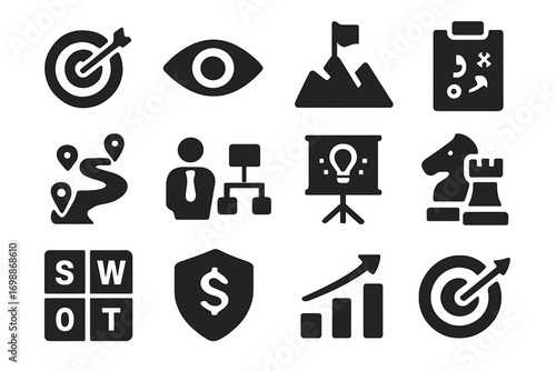 Visual representation of strategic business planning and analysis tools used for decision making and evaluation