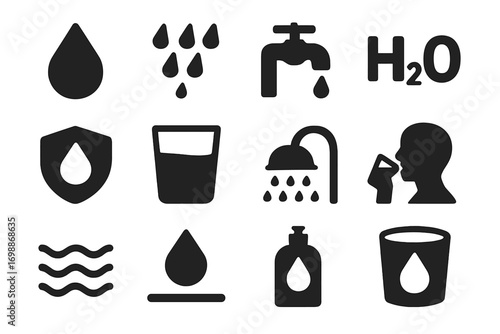 Collection of water-related icons depicting essential elements and concepts of hydration and conservation