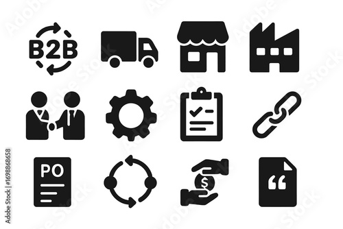 Business and commerce icons representing various aspects of operations, including delivery, partnerships, and documentation