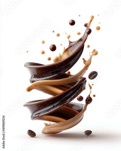 Product photo of dark chocolate swirl in splash motion with glossy liquid texture and suspended drops isolated on pure white background