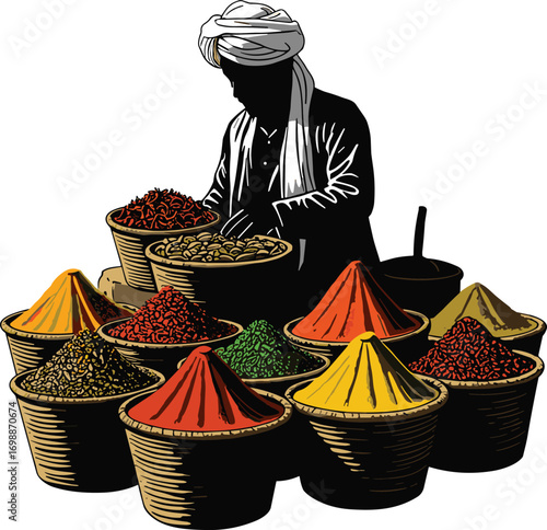 Traditional spice seller silhouette with colorful spices in baskets at local market, Indian vendor artwork vector for cultural theme.