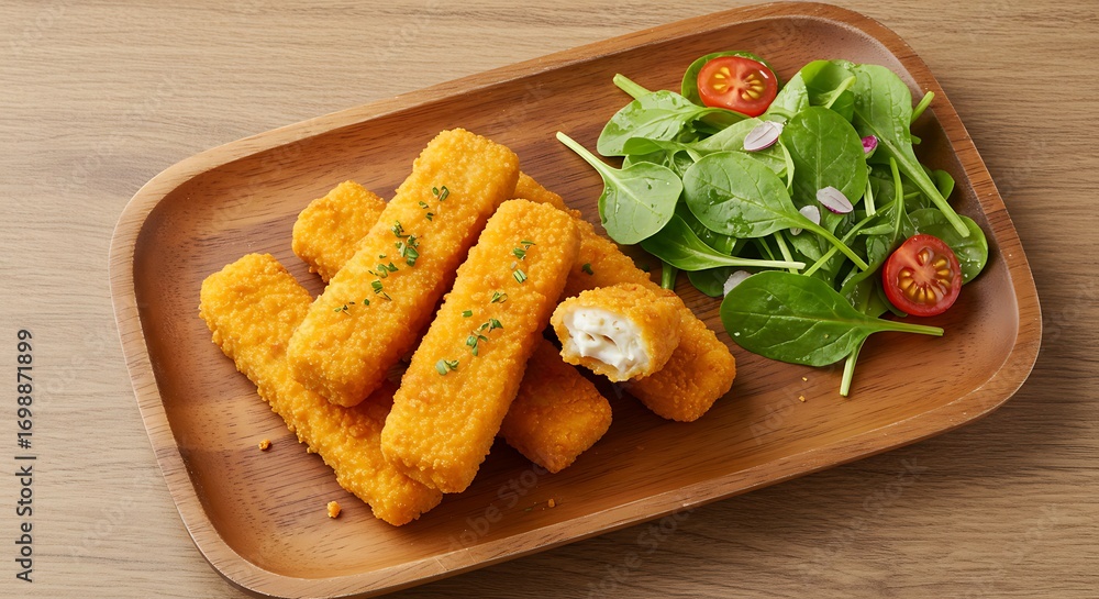 Naklejka premium Golden Fish Sticks & Greens: A Culinary Still Life