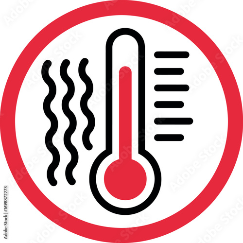 Hot temperature warning symbol with thermometer and heat waves