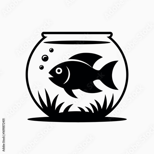 Simple black and white silhouette of a goldfish in a bowl