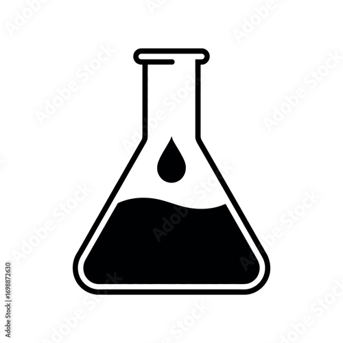 Simple black and white icon of a flask with liquid and a droplet