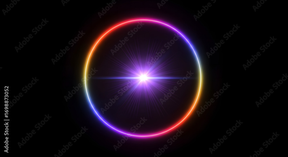 Naklejka premium Glowing Rainbow Neon Circle with a Central Starburst Flare.