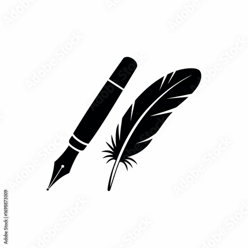 Black silhouette of a fountain pen and a quill feather on a white background