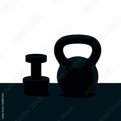 Black kettlebell and dumbbell weights on a dark surface