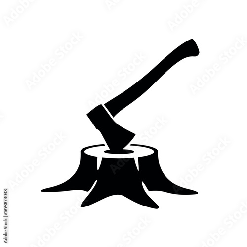 Black silhouette of an axe embedded in a tree stump