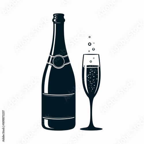 Silhouette of a champagne bottle and a flute filled with bubbly drink
