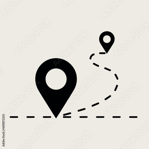 Two black map pins connected by a dashed line indicating a route