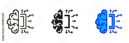 Pixelated Brain with Circuits Icon Set. Artificial Intelligence and Neural Network Symbol. AI Technology with Circuit Elements Design. Isolated Vector Illustration