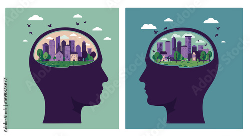 Silhouetted heads with city & nature inside