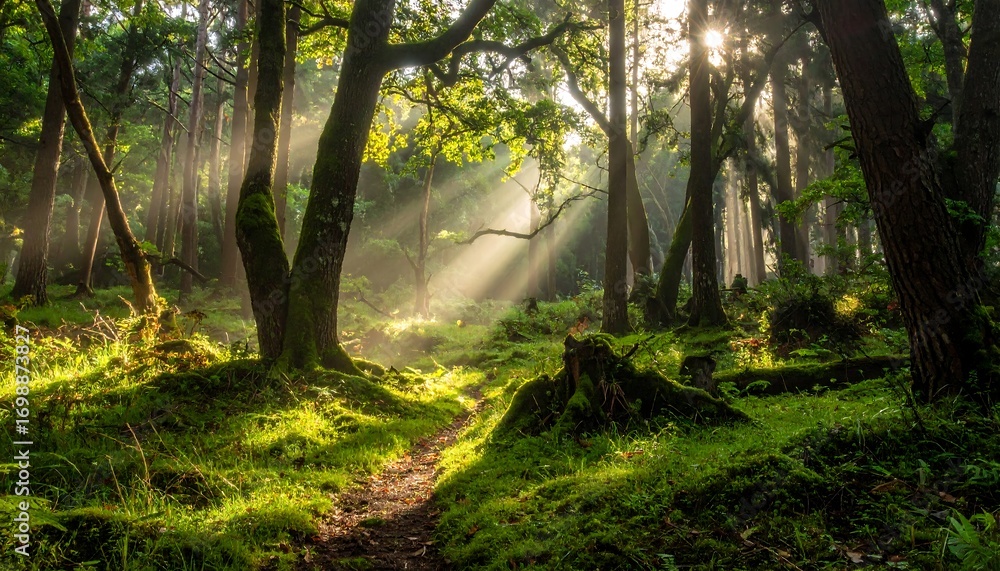 Naklejka premium Sunlight streams through a tranquil forest, illuminating a mossy pathway.
