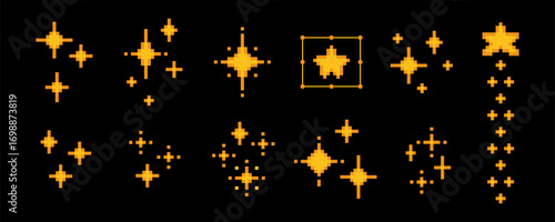 Golden pixel y2k stars, sparkles icons on black bg. Glitter mosaic shapes in space. 8 bit retro vector illustration. Simple galaxy patterns. Game abstract yellow elements for nostalgic digital designs