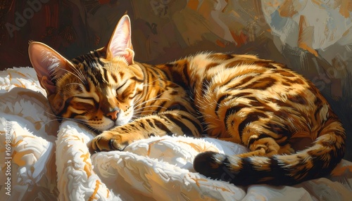 A Bengal cat rests peacefully on a light beige bedspread, bathed in warm sunlight, showcasing detailed fur patterns and a serene mood.