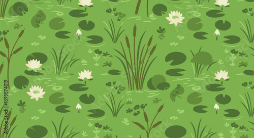 Seamless pattern of lily pads, water lilies, and cattails on green background on transparent background