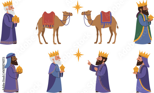 Illustration of the three wise men with camels and star on transparent background