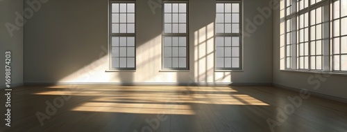 Sunlight Streams Through Windows Illuminating the Hardwood Floor in Empty Room