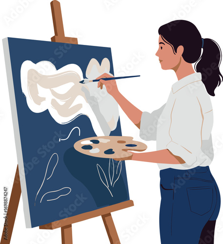 Woman painting on canvas with easel, palette, and brush on transparent background