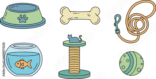 Cartoon illustration of various pet supplies and accessories on transparent background