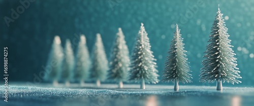 Snowy Pine Trees Line in Winter Wonderland, Under a Bright Turquoise Sky.